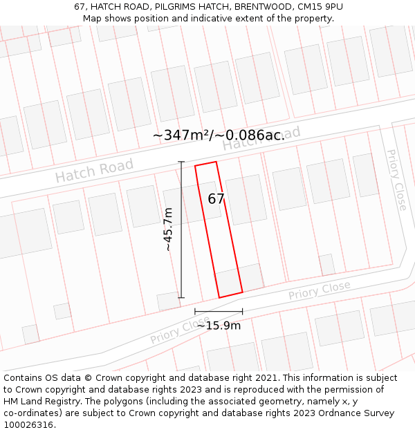 67, HATCH ROAD, PILGRIMS HATCH, BRENTWOOD, CM15 9PU: Plot and title map