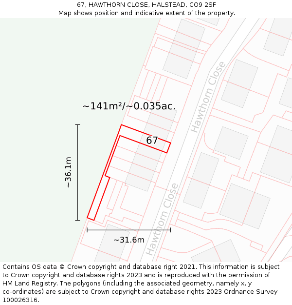 67, HAWTHORN CLOSE, HALSTEAD, CO9 2SF: Plot and title map