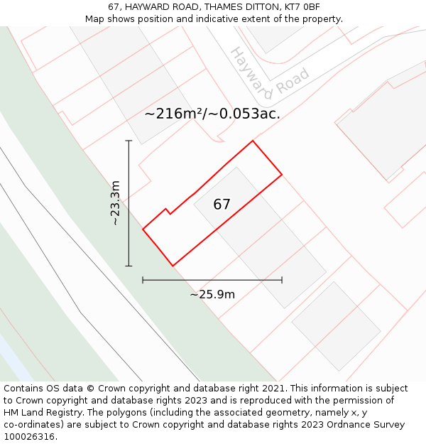 67, HAYWARD ROAD, THAMES DITTON, KT7 0BF: Plot and title map
