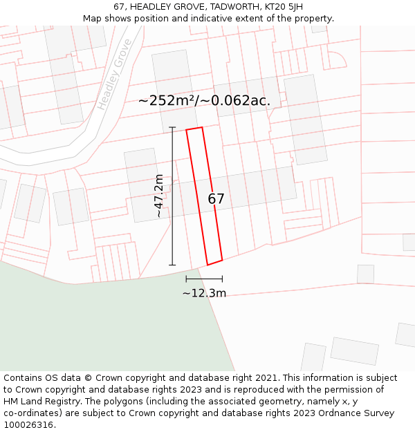 67, HEADLEY GROVE, TADWORTH, KT20 5JH: Plot and title map