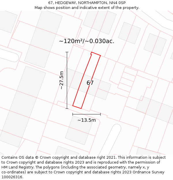 67, HEDGEWAY, NORTHAMPTON, NN4 0SP: Plot and title map