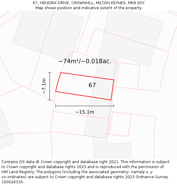 67, HENDRIX DRIVE, CROWNHILL, MILTON KEYNES, MK8 0DY: Plot and title map