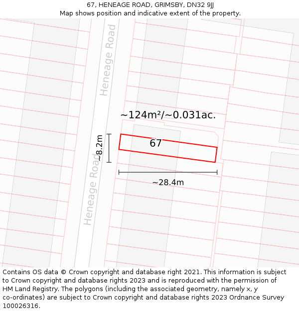 67, HENEAGE ROAD, GRIMSBY, DN32 9JJ: Plot and title map