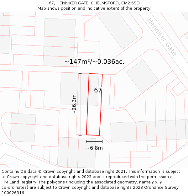 67, HENNIKER GATE, CHELMSFORD, CM2 6SD: Plot and title map