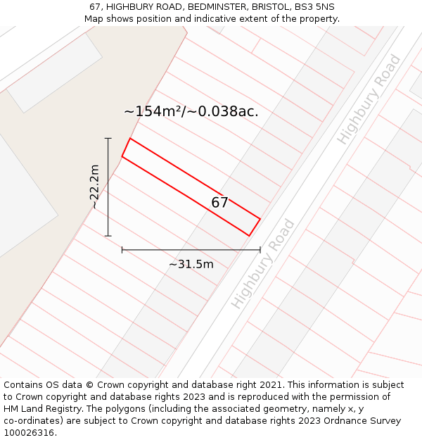 67, HIGHBURY ROAD, BEDMINSTER, BRISTOL, BS3 5NS: Plot and title map