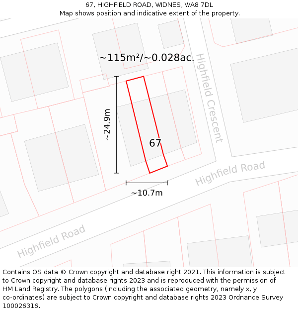 67, HIGHFIELD ROAD, WIDNES, WA8 7DL: Plot and title map