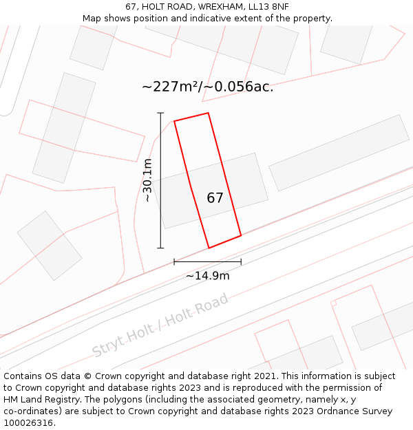 67, HOLT ROAD, WREXHAM, LL13 8NF: Plot and title map