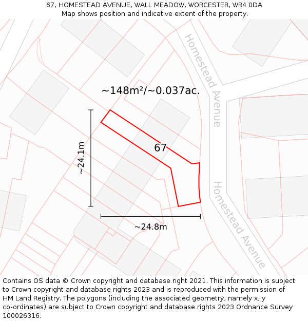 67, HOMESTEAD AVENUE, WALL MEADOW, WORCESTER, WR4 0DA: Plot and title map