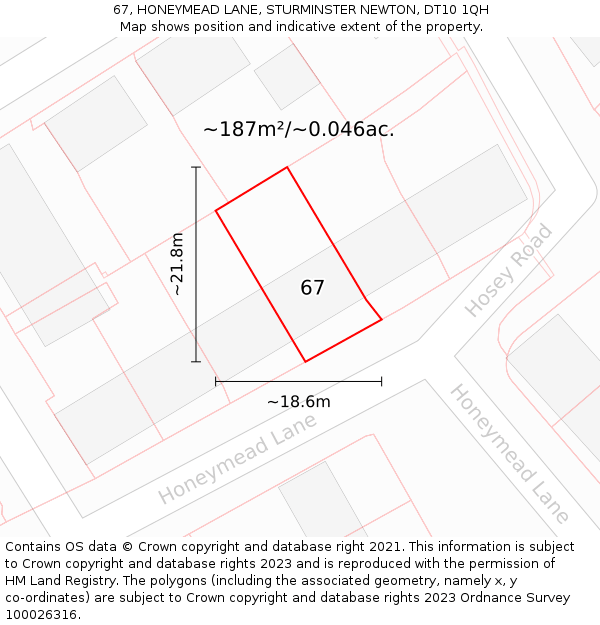 67, HONEYMEAD LANE, STURMINSTER NEWTON, DT10 1QH: Plot and title map
