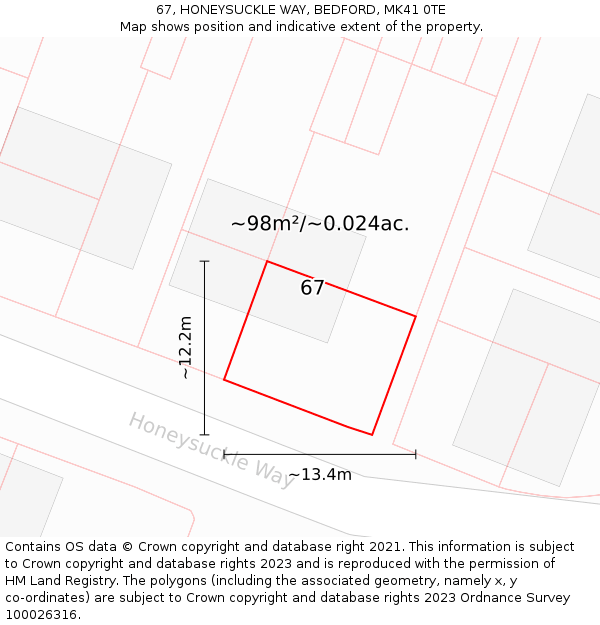 67, HONEYSUCKLE WAY, BEDFORD, MK41 0TE: Plot and title map
