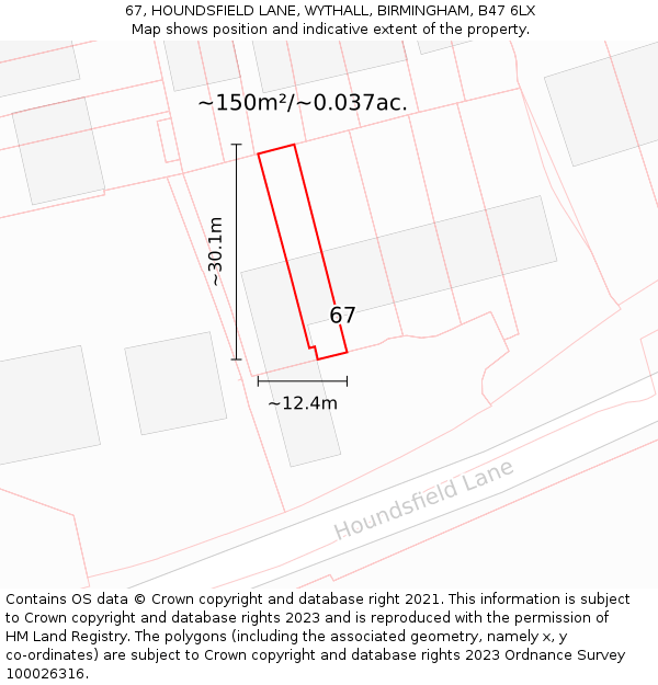 67, HOUNDSFIELD LANE, WYTHALL, BIRMINGHAM, B47 6LX: Plot and title map