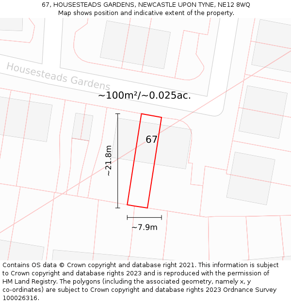 67, HOUSESTEADS GARDENS, NEWCASTLE UPON TYNE, NE12 8WQ: Plot and title map