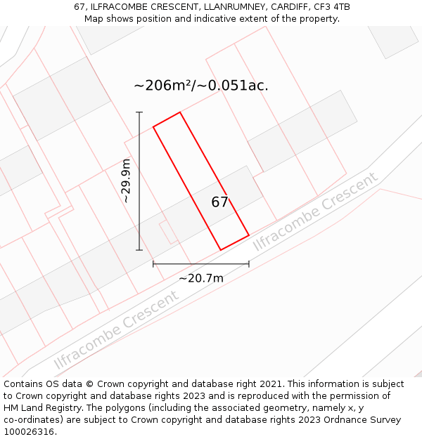 67, ILFRACOMBE CRESCENT, LLANRUMNEY, CARDIFF, CF3 4TB: Plot and title map