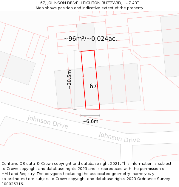 67, JOHNSON DRIVE, LEIGHTON BUZZARD, LU7 4RT: Plot and title map