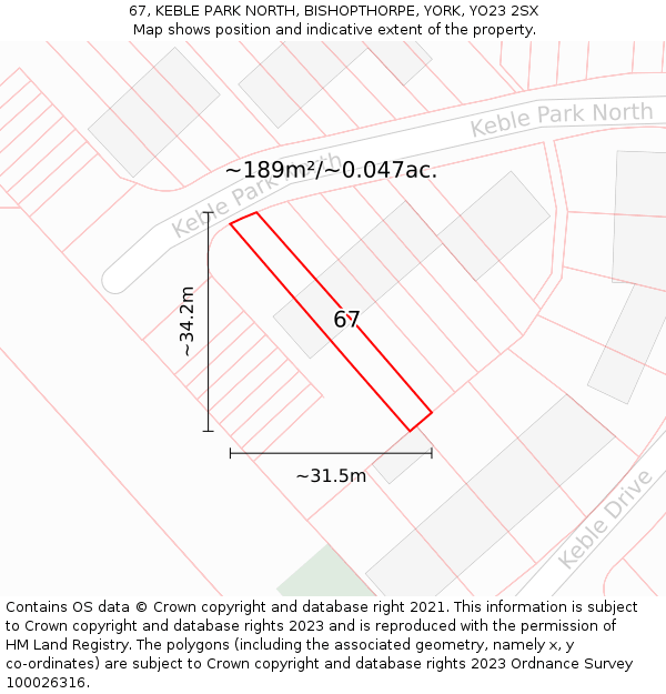 67, KEBLE PARK NORTH, BISHOPTHORPE, YORK, YO23 2SX: Plot and title map
