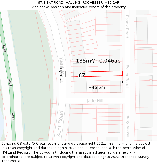 67, KENT ROAD, HALLING, ROCHESTER, ME2 1AR: Plot and title map