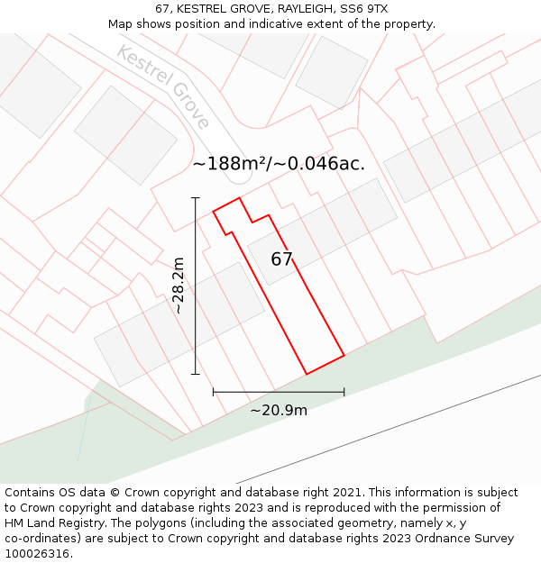 67, KESTREL GROVE, RAYLEIGH, SS6 9TX: Plot and title map