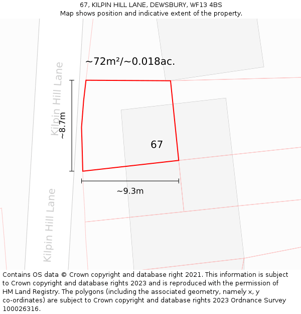 67, KILPIN HILL LANE, DEWSBURY, WF13 4BS: Plot and title map