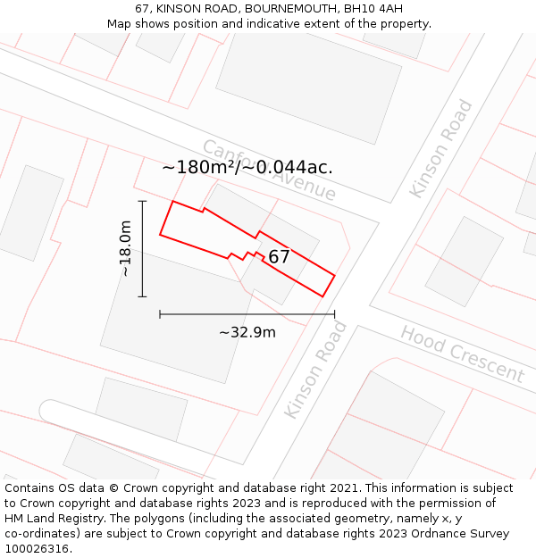 67, KINSON ROAD, BOURNEMOUTH, BH10 4AH: Plot and title map