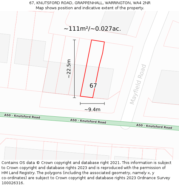 67, KNUTSFORD ROAD, GRAPPENHALL, WARRINGTON, WA4 2NR: Plot and title map