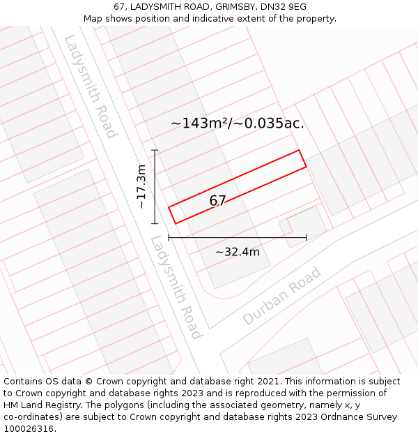 67, LADYSMITH ROAD, GRIMSBY, DN32 9EG: Plot and title map