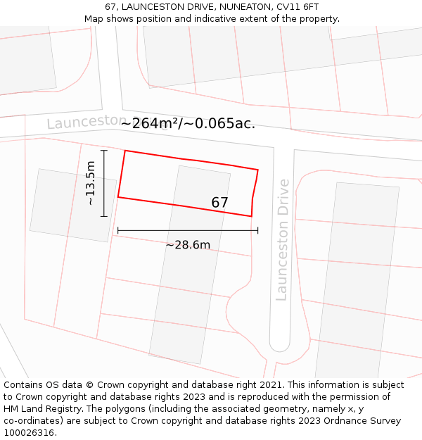 67, LAUNCESTON DRIVE, NUNEATON, CV11 6FT: Plot and title map