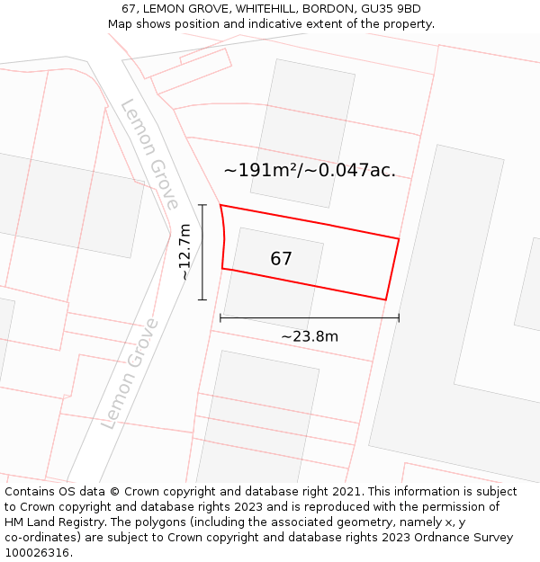 67, LEMON GROVE, WHITEHILL, BORDON, GU35 9BD: Plot and title map