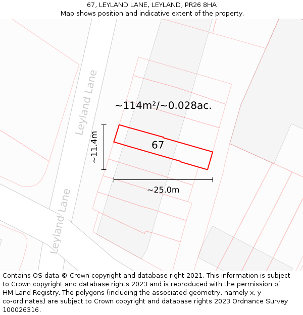 67, LEYLAND LANE, LEYLAND, PR26 8HA: Plot and title map