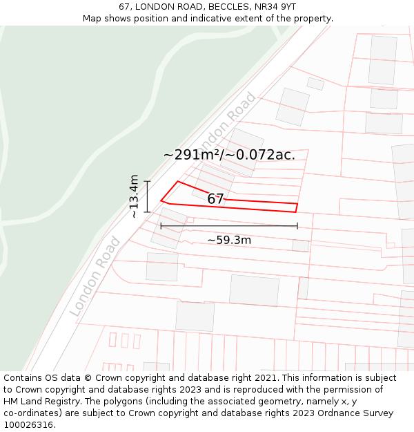 67, LONDON ROAD, BECCLES, NR34 9YT: Plot and title map