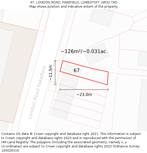 67, LONDON ROAD, PAKEFIELD, LOWESTOFT, NR33 7AD: Plot and title map