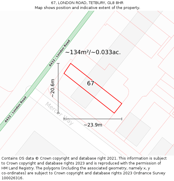 67, LONDON ROAD, TETBURY, GL8 8HR: Plot and title map
