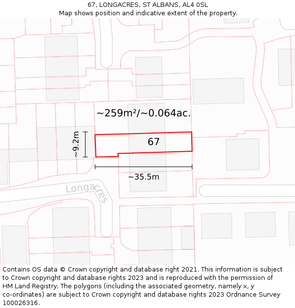 67, LONGACRES, ST ALBANS, AL4 0SL: Plot and title map