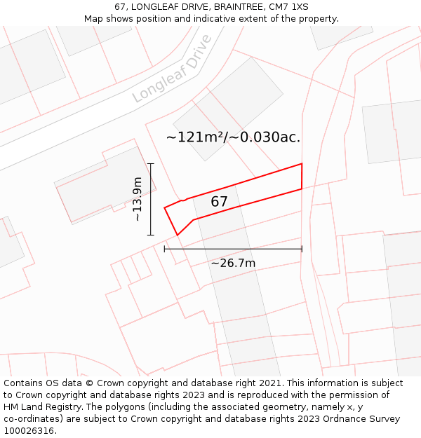 67, LONGLEAF DRIVE, BRAINTREE, CM7 1XS: Plot and title map