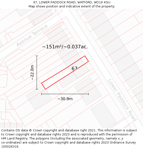 67, LOWER PADDOCK ROAD, WATFORD, WD19 4GU: Plot and title map
