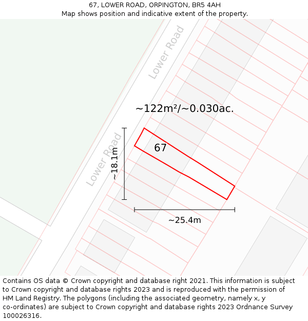 67, LOWER ROAD, ORPINGTON, BR5 4AH: Plot and title map
