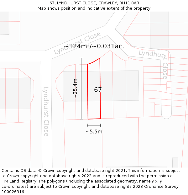 67, LYNDHURST CLOSE, CRAWLEY, RH11 8AR: Plot and title map