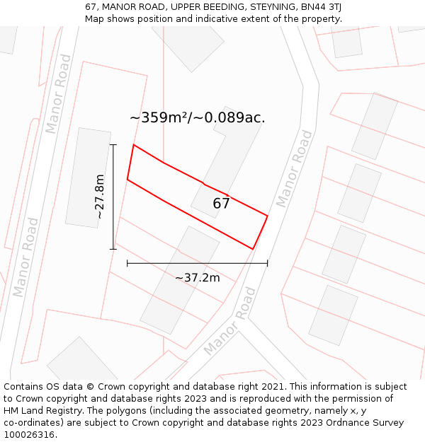 67, MANOR ROAD, UPPER BEEDING, STEYNING, BN44 3TJ: Plot and title map
