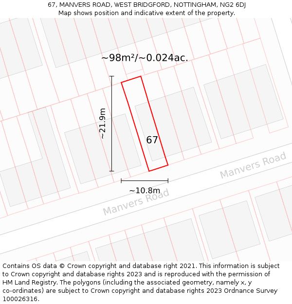 67, MANVERS ROAD, WEST BRIDGFORD, NOTTINGHAM, NG2 6DJ: Plot and title map
