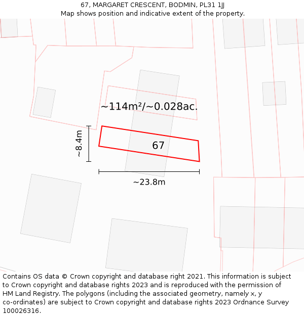 67, MARGARET CRESCENT, BODMIN, PL31 1JJ: Plot and title map