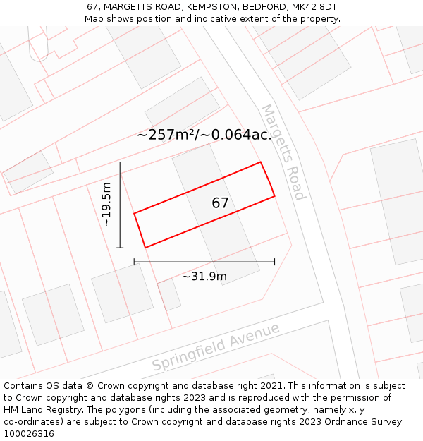 67, MARGETTS ROAD, KEMPSTON, BEDFORD, MK42 8DT: Plot and title map