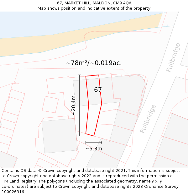 67, MARKET HILL, MALDON, CM9 4QA: Plot and title map