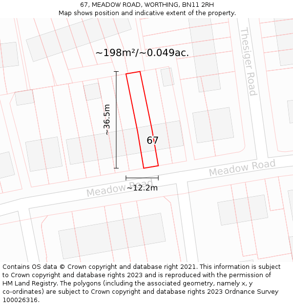 67, MEADOW ROAD, WORTHING, BN11 2RH: Plot and title map