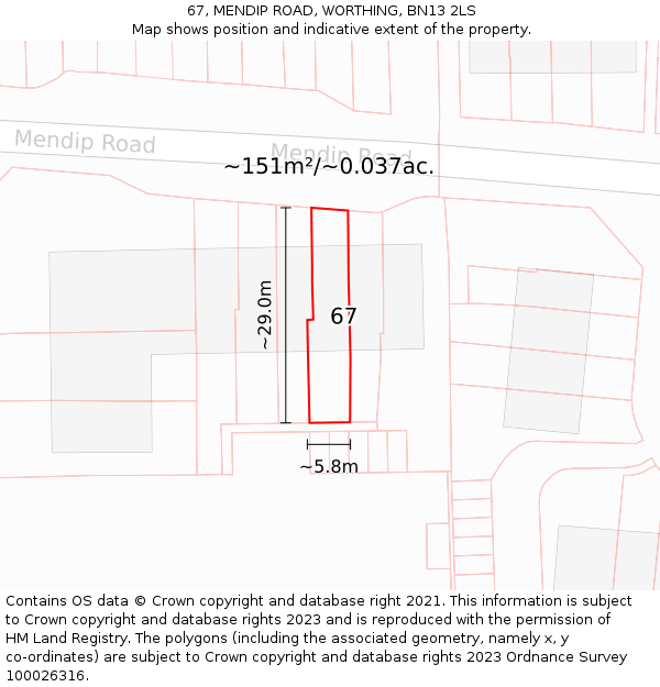 67, MENDIP ROAD, WORTHING, BN13 2LS: Plot and title map