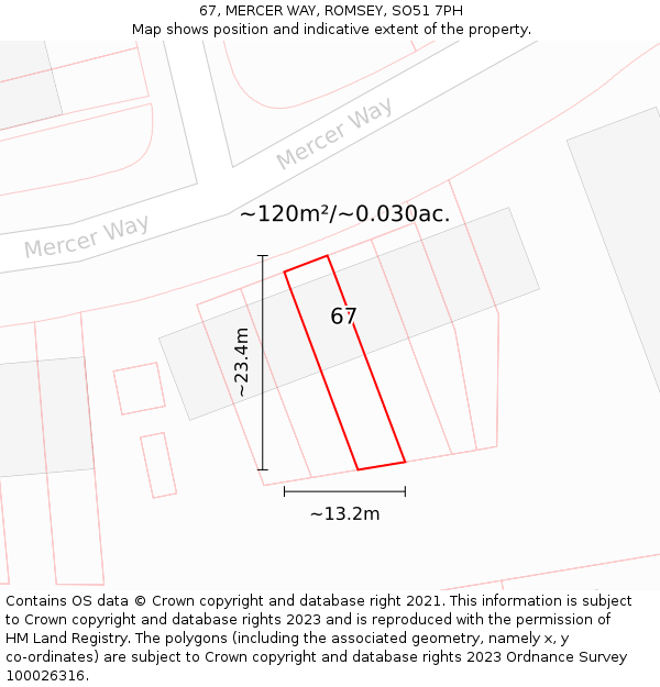 67, MERCER WAY, ROMSEY, SO51 7PH: Plot and title map