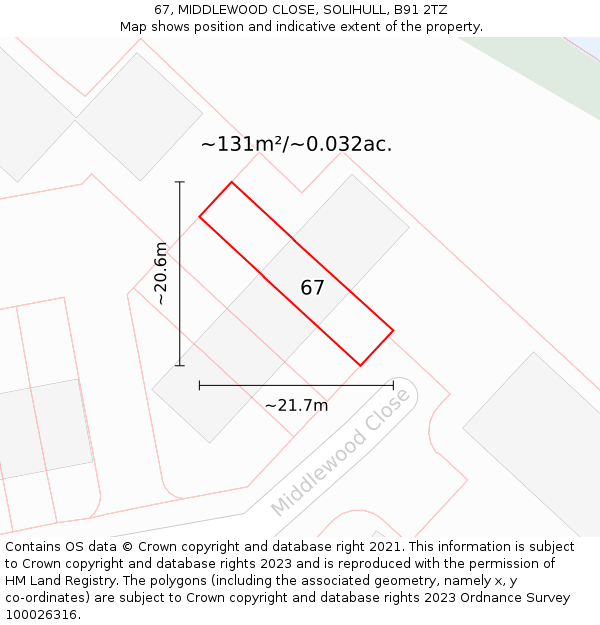 67, MIDDLEWOOD CLOSE, SOLIHULL, B91 2TZ: Plot and title map