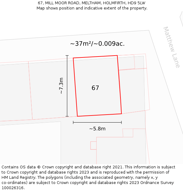 67, MILL MOOR ROAD, MELTHAM, HOLMFIRTH, HD9 5LW: Plot and title map