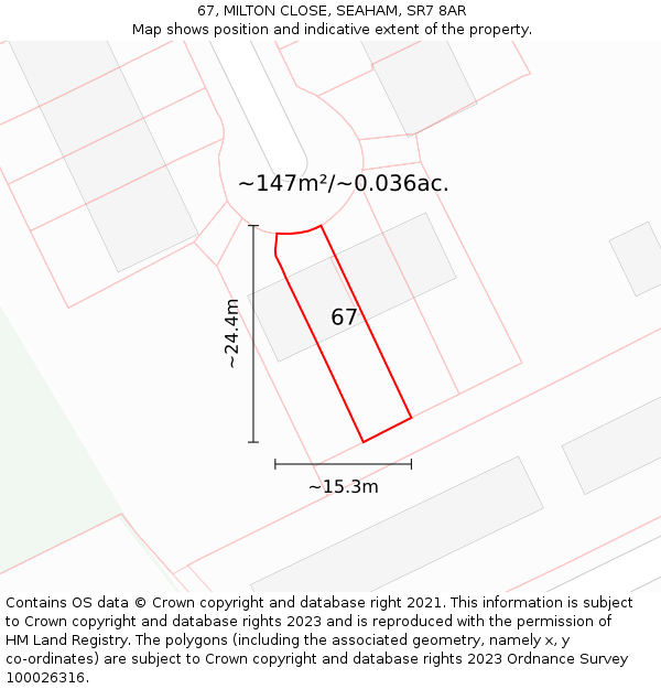 67, MILTON CLOSE, SEAHAM, SR7 8AR: Plot and title map
