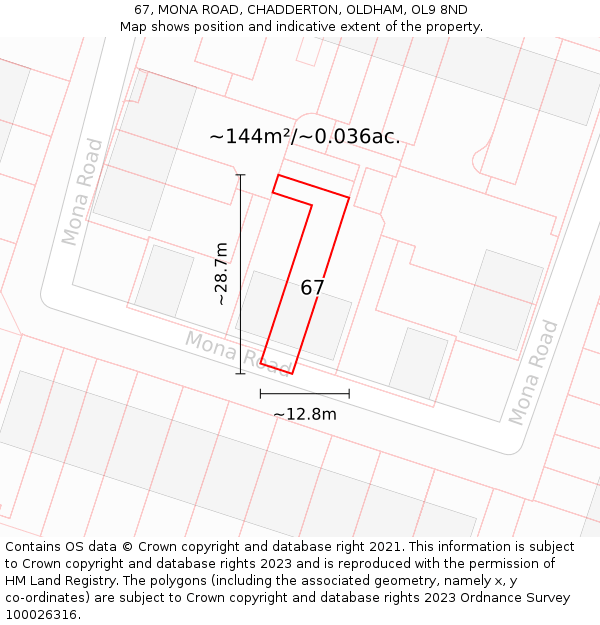 67, MONA ROAD, CHADDERTON, OLDHAM, OL9 8ND: Plot and title map