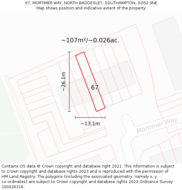 67, MORTIMER WAY, NORTH BADDESLEY, SOUTHAMPTON, SO52 9NE: Plot and title map
