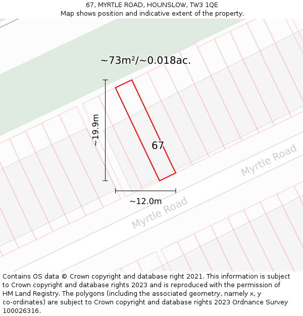 67, MYRTLE ROAD, HOUNSLOW, TW3 1QE: Plot and title map